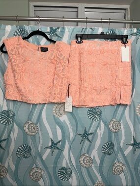 Lace Crop Top and Mini Skirt Set in Peach